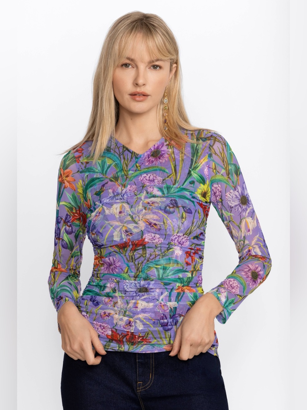 Johnny Was Jade Daphne Purple Floral Ruched Long Sleeve V Neck Blouse Top Boho